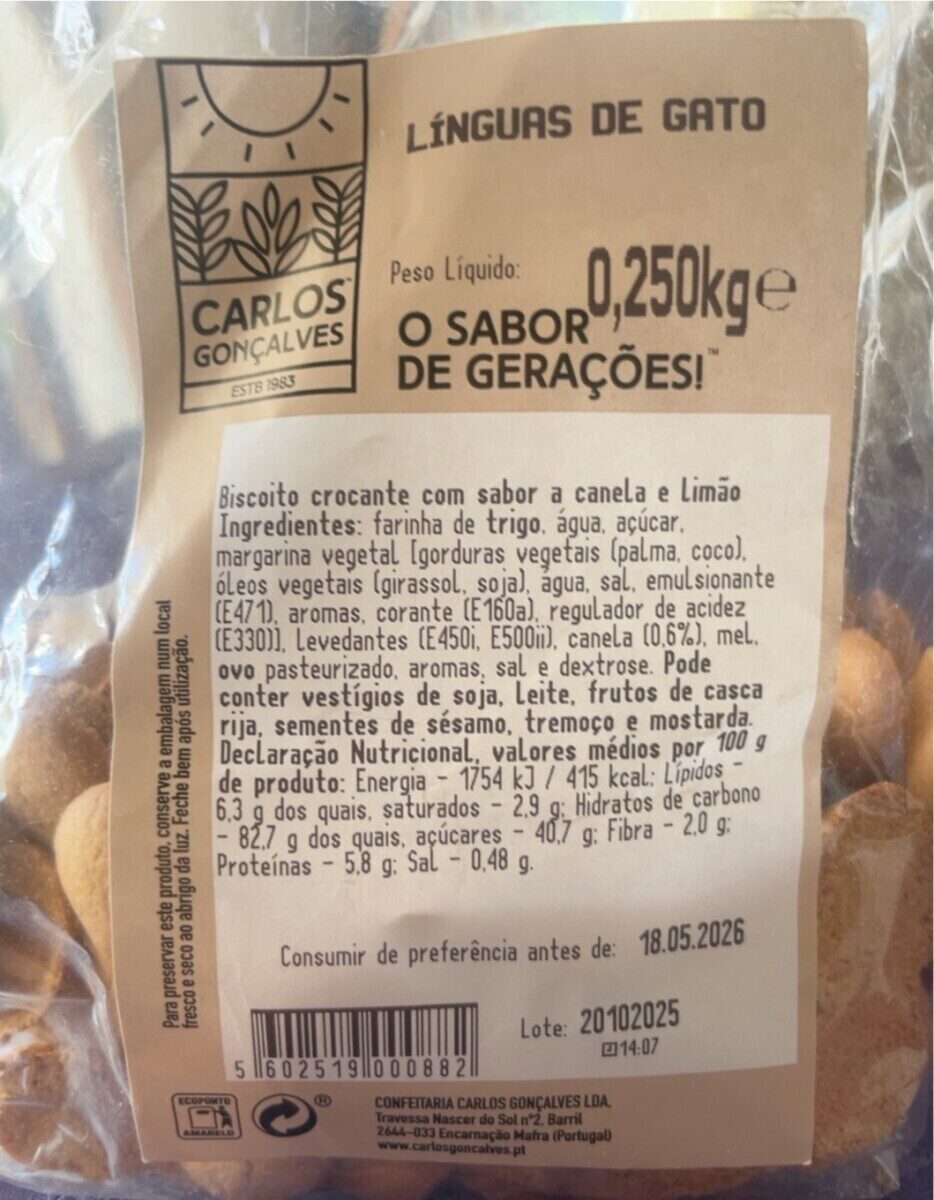 C.C.Gonçalves Linguas Gato Saqueta 250 g