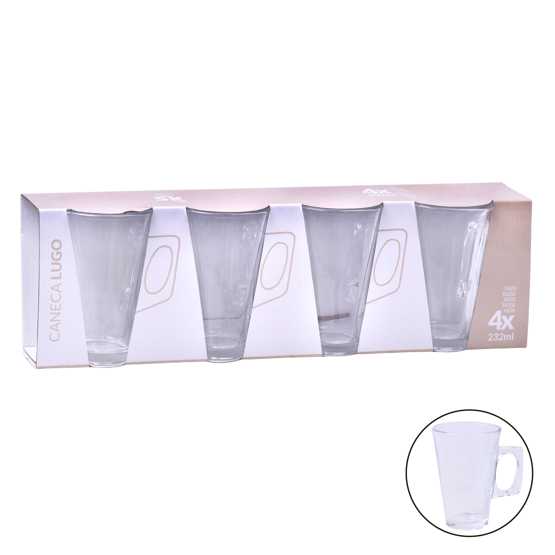 Caneca Vidro Lugo 232 ml Pack 4